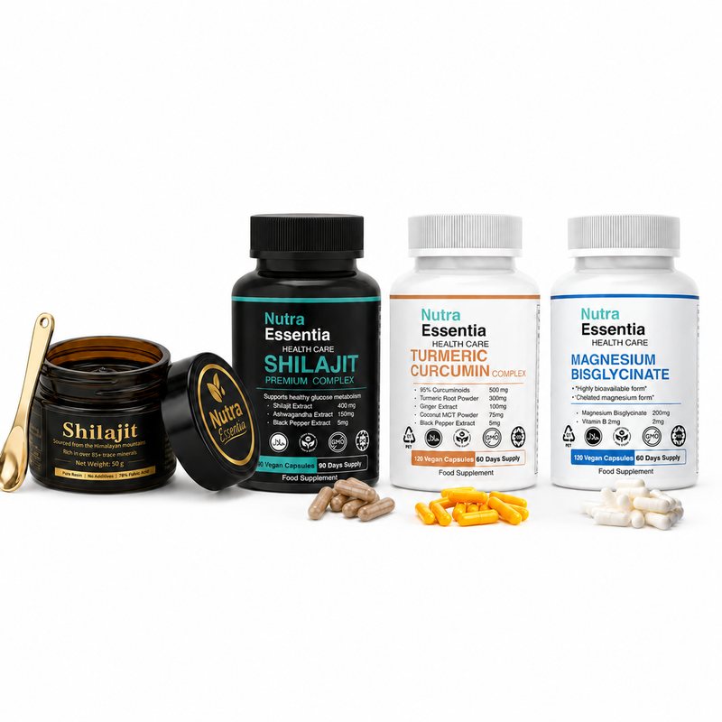 Nutra Essentia Wellness Bundle with four products on a pure white background